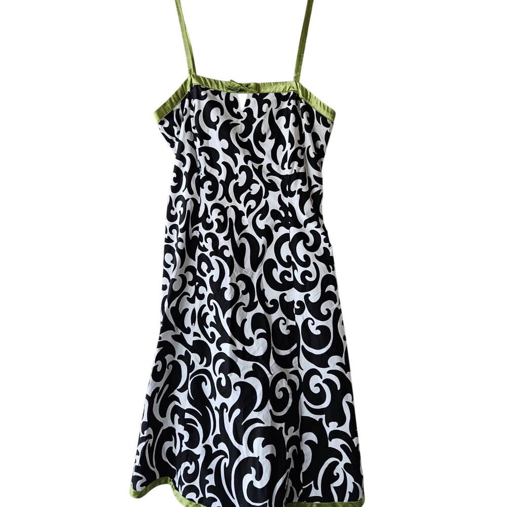 Vintage GNW Scroll Print Cotton Midi Dress Sage Trim Y2K Size 12